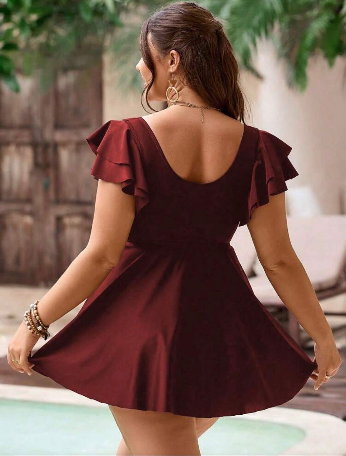 Swim Lushoire Plus Size 2pcs Square Neck Ruffle Sleeve Crop Top & Skirt Hem Bikini Set