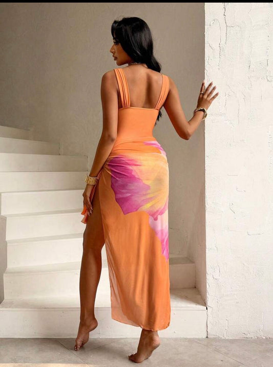 Bonvoyette 2pcs Women's Pink And Orange Tropical Floral Underwire Tankini Swimsuit With Mesh Sarong Skirt