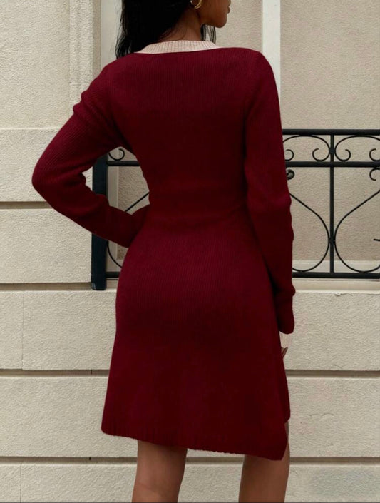 Burgundy Button-Front Knit Dress