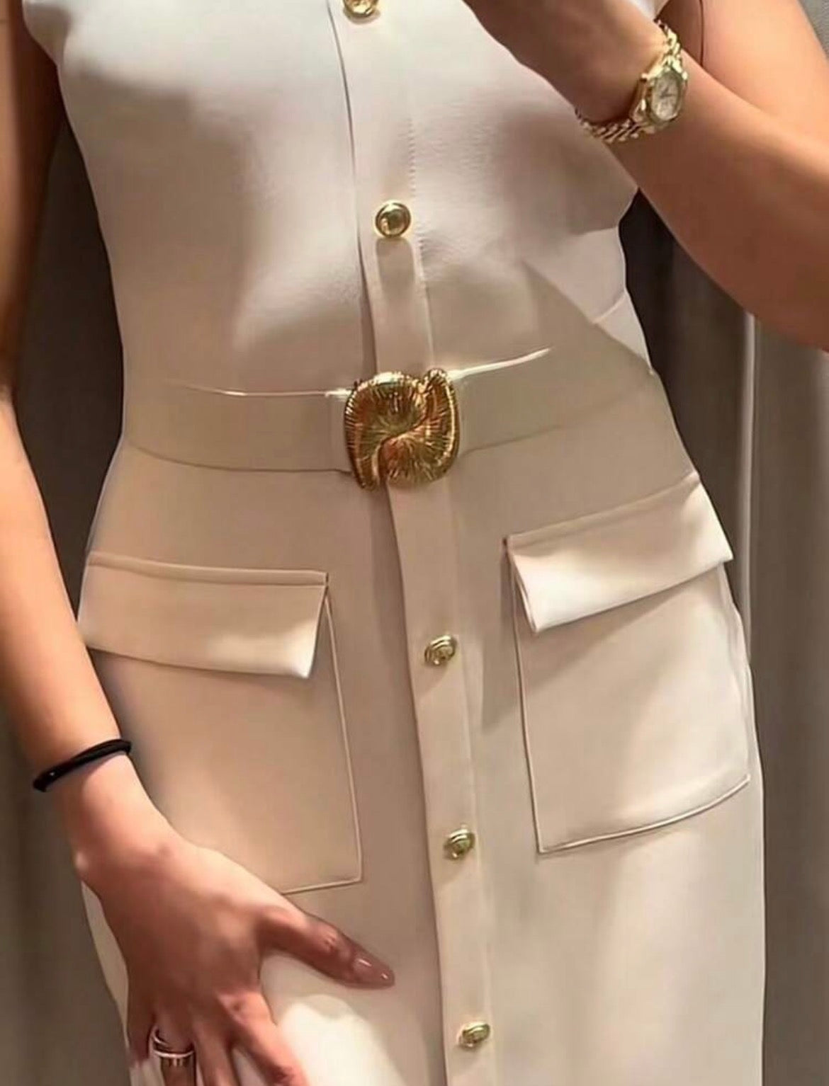 Women Dresses Sleeveless Midi Dress Woman Belt Button