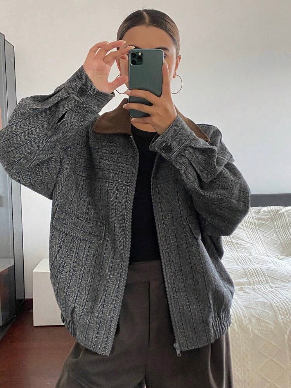Oversized herringbone jacket with contrast collar detail