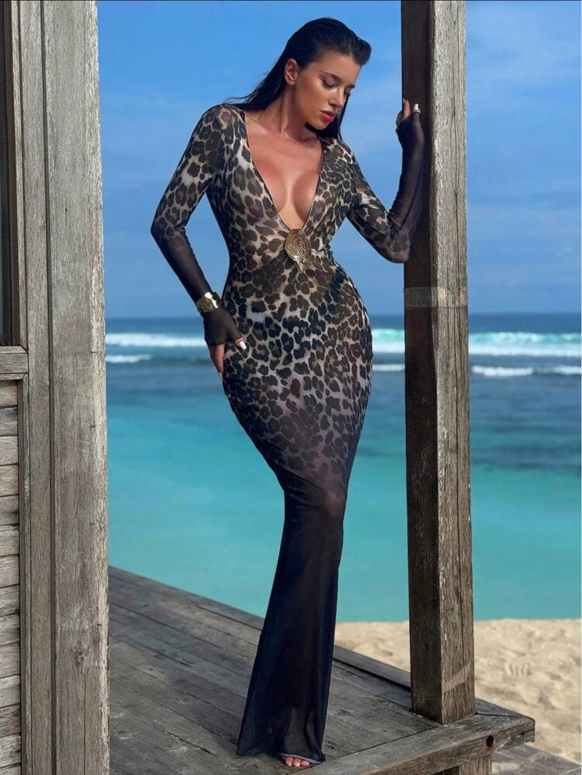 Gradient Leopard Print Deep V-Neck Large Metal Trim Long Sleeve Slim Fit Flattering Mesh Maxi Dress Beach Vacation Cover-Up
