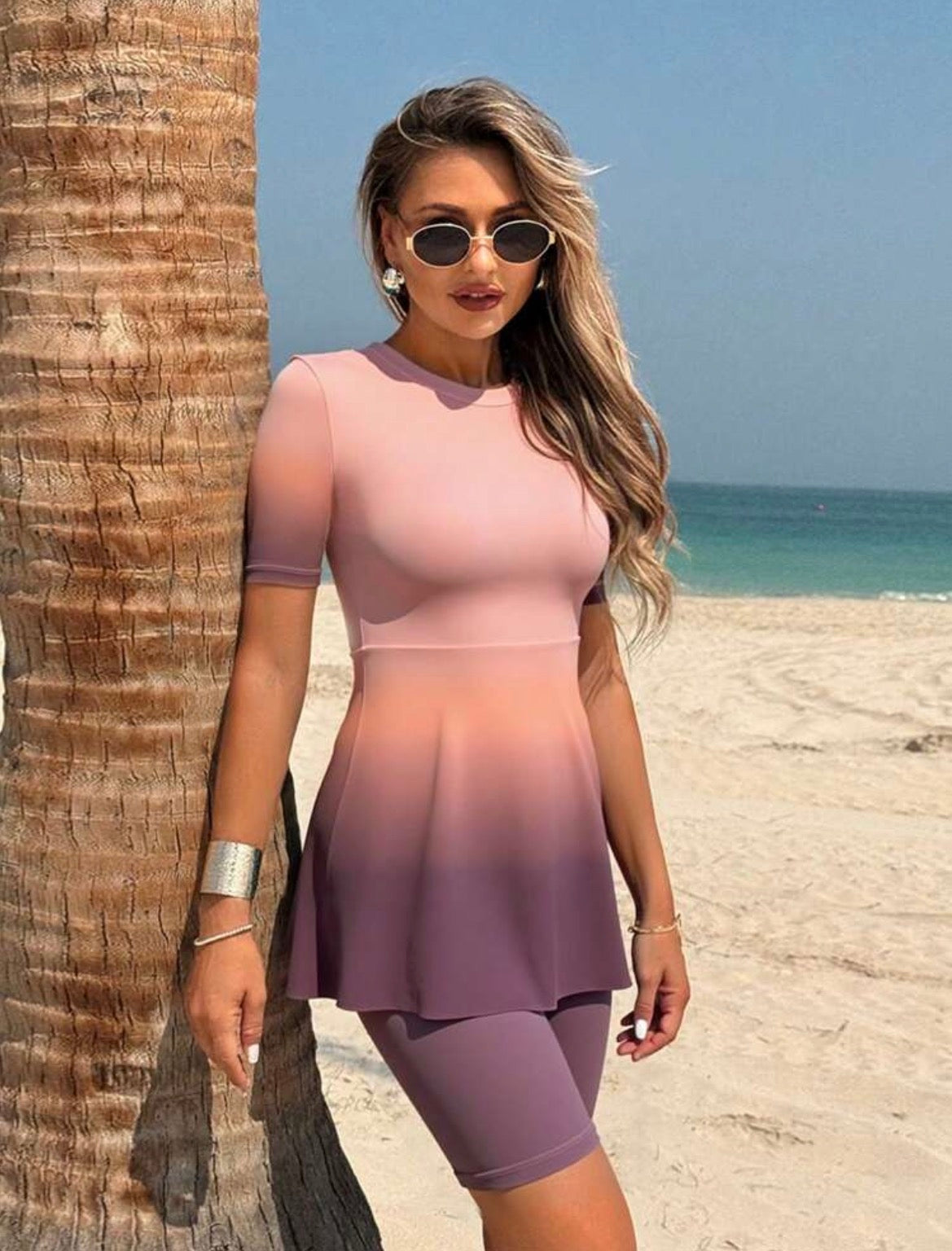 Swim Mulvari 2pcs/Set New Summer Ombre Print Round Neck Half Sleeve Front Zipper Swimsuit & Shorts Burkini Set