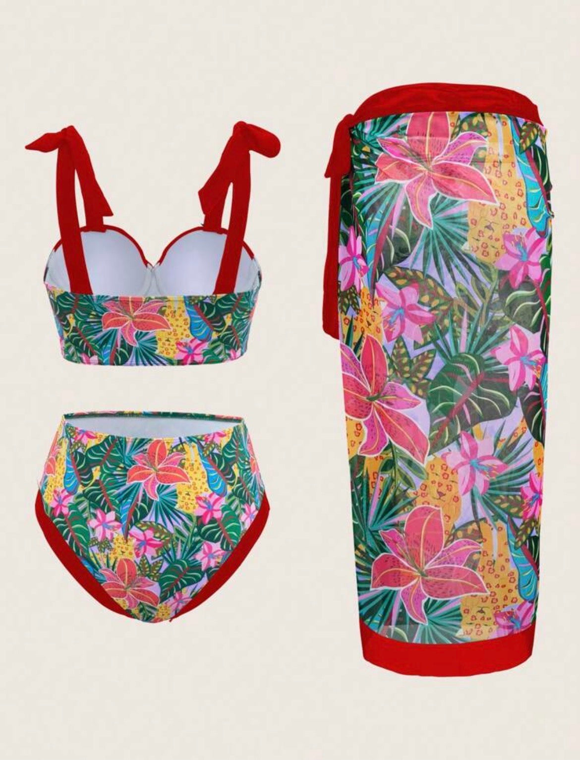 Swim Oasis 3pcs Women Bikini Set: Strappy Swimsuit + Triangle Bikini Bottom + Sarong Skirt