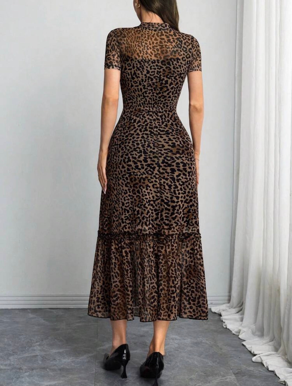 Elegant Black Base Colorful Floral Print Mesh Round Neck Short Sleeve Waist Ruffle Hem Maxi Dress Summer