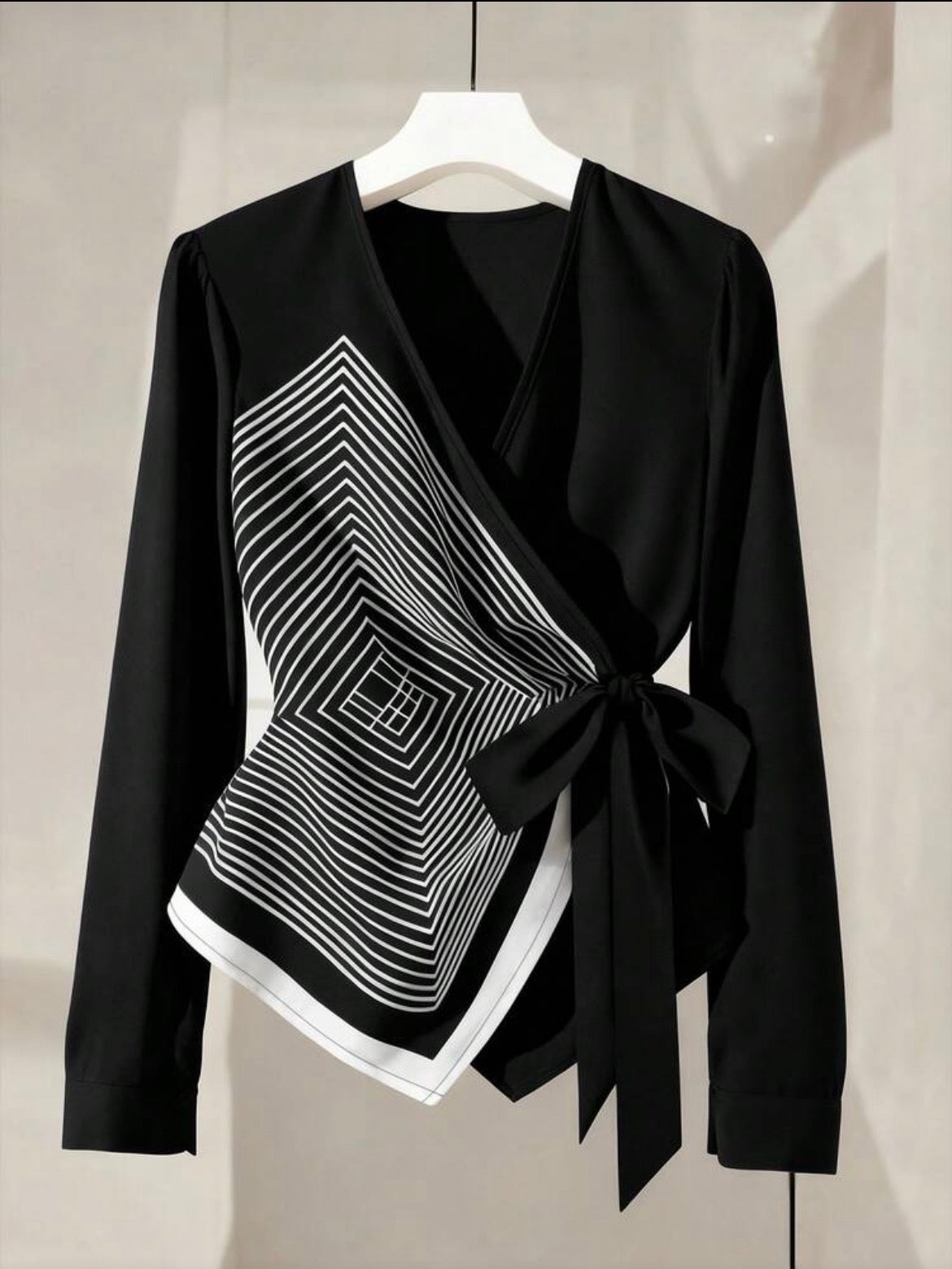 Elegant V-Neck Digital Printed Geometric Line Pattern Long Sleeve Tie Bow Blouse