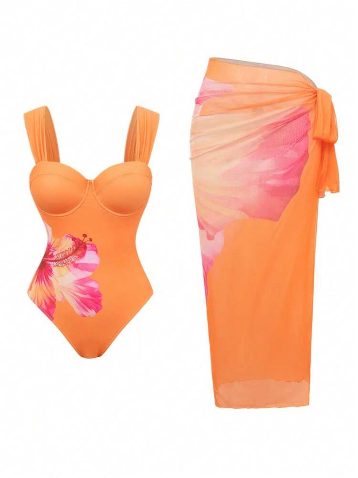 Bonvoyette 2pcs Women's Pink And Orange Tropical Floral Underwire Tankini Swimsuit With Mesh Sarong Skirt