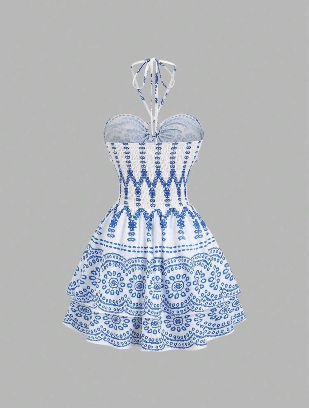 Women's Blue Floral Print Bandeau Neck Metal Buckle Waist Fitted Layered Hem Mini Dress