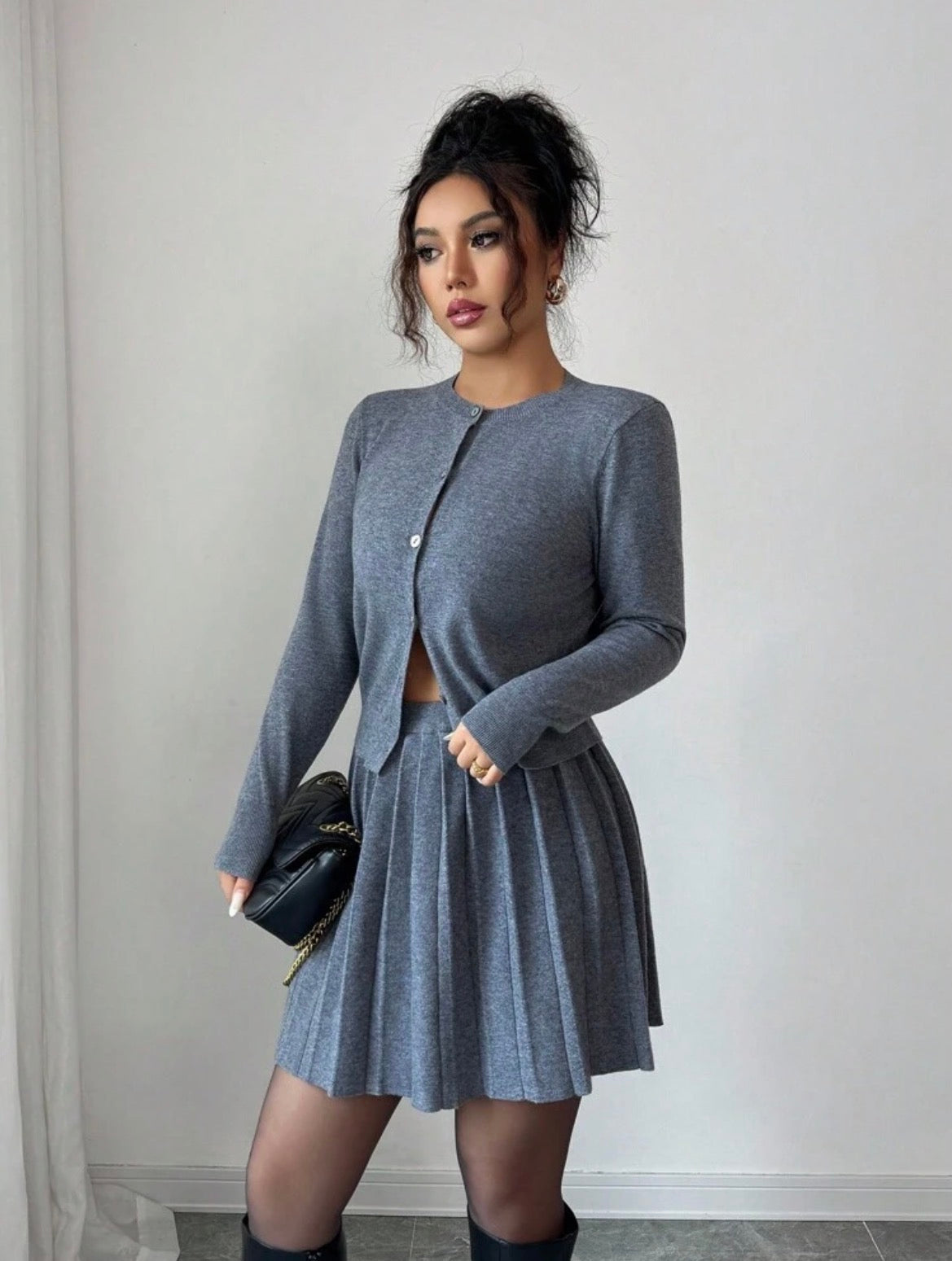 Grey Knit Cardigan & Pleated Skirt Set