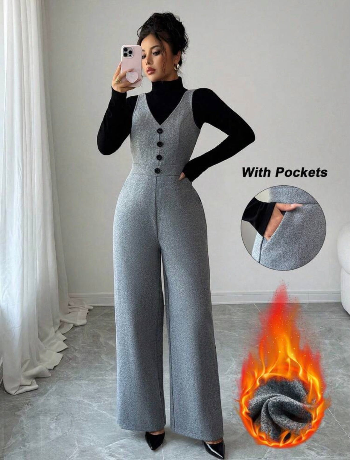 Grey Button Wide-Leg Jumpsuit