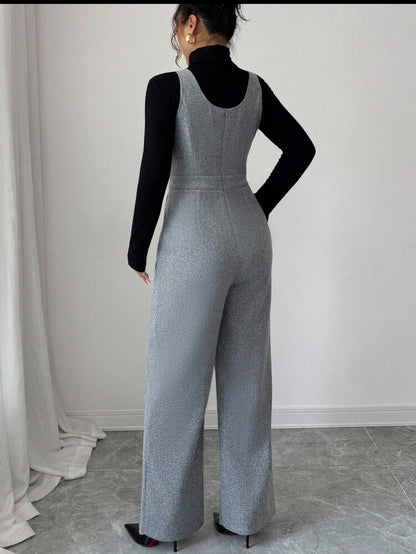 Grey Button Wide-Leg Jumpsuit