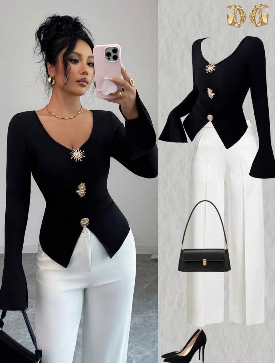 Women's Solid Color V-Neck Fitted Metal Decor Elegant Long Sleeve T-Shirt