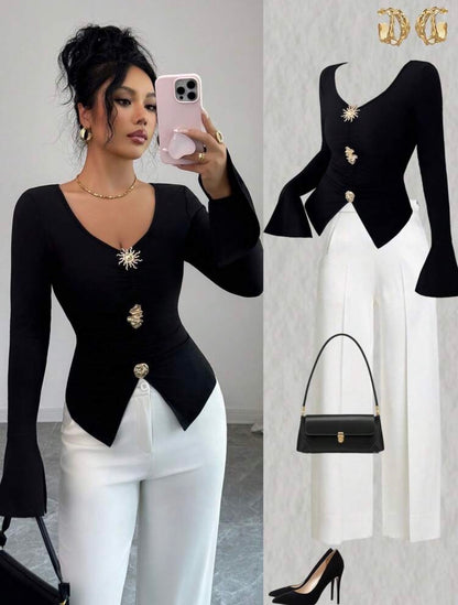 Women's Solid Color V-Neck Fitted Metal Decor Elegant Long Sleeve T-Shirt