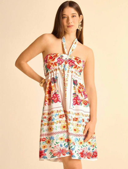 Summer Boho Tropical Floral Print, Hollow-Out Back Tie Waist Casual Beach Short Vacation Dress