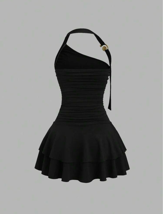Gold Ornament Waist-Cinching Flared Skirt Mini Dress