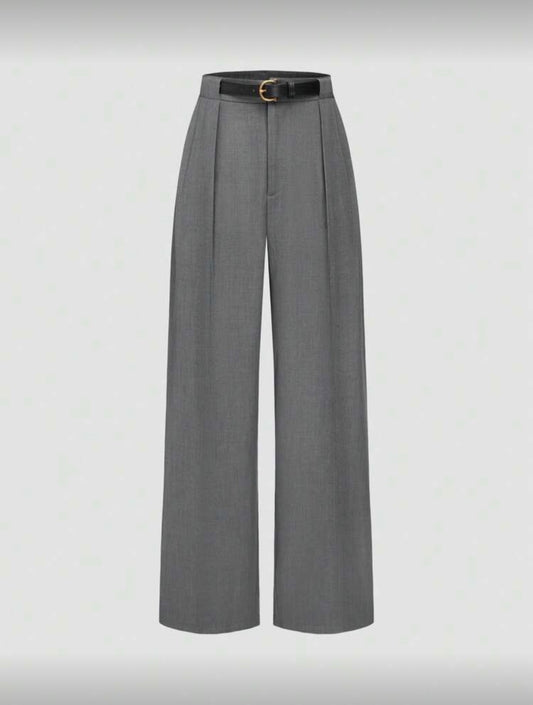 Women's Solid Color Fashion Pleated Straight Leg Casual Pants Gray
