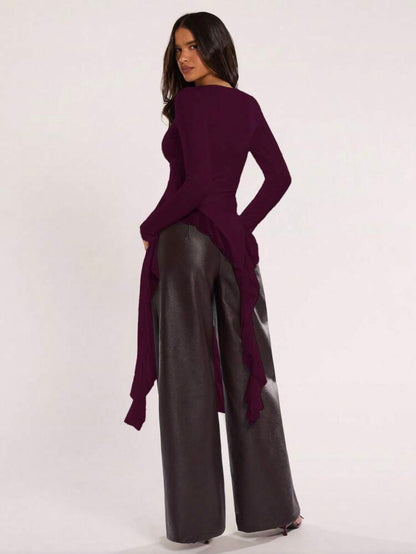 Women Solid Color Asymmetric Ruffle Hem Long Sleeve Fitted Top