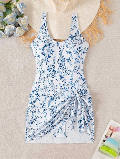 One piece plants print tie side one piece swimsuit