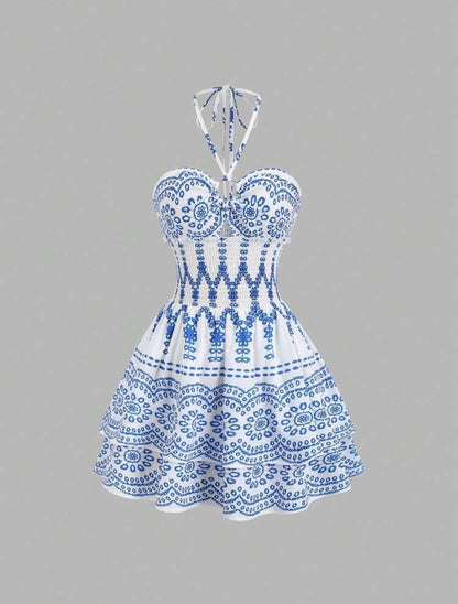 Women's Blue Floral Print Bandeau Neck Metal Buckle Waist Fitted Layered Hem Mini Dress