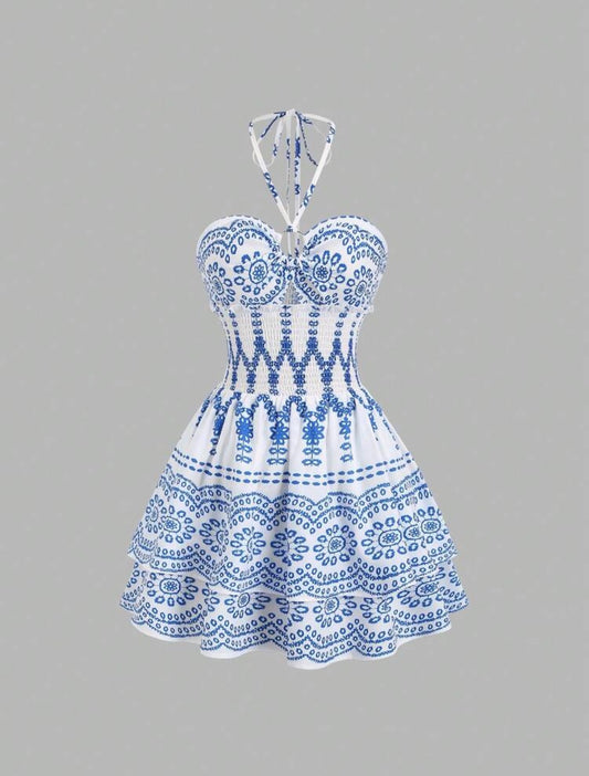 Women's Blue Floral Print Bandeau Neck Metal Buckle Waist Fitted Layered Hem Mini Dress