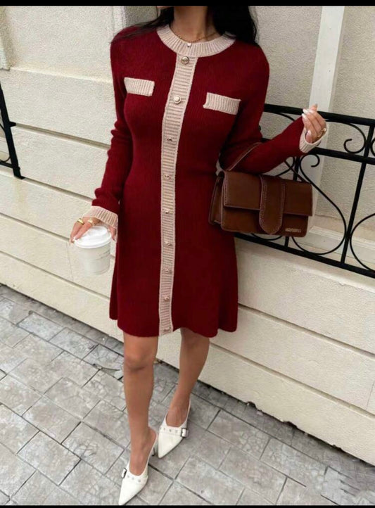 Burgundy Button-Front Knit Dress