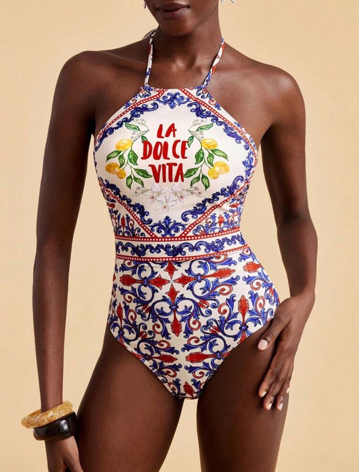 Letter & Floral Print Halter One-Piece Swimsuit