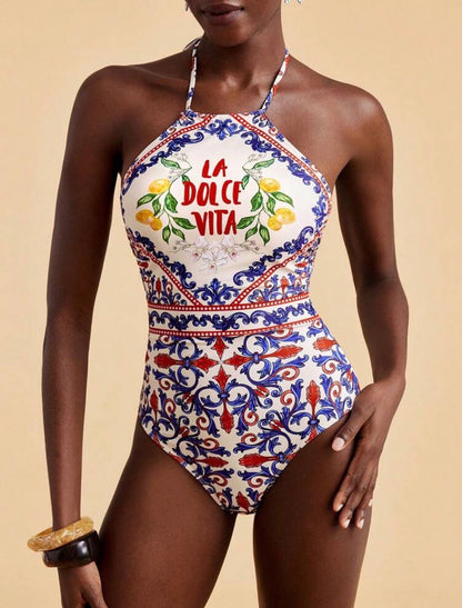 Letter & Floral Print Halter One-Piece Swimsuit