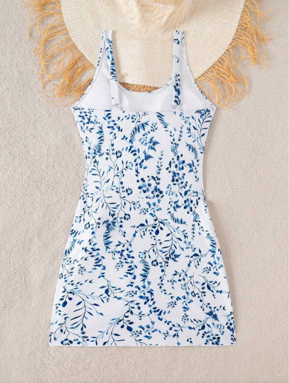 One piece plants print tie side one piece swimsuit