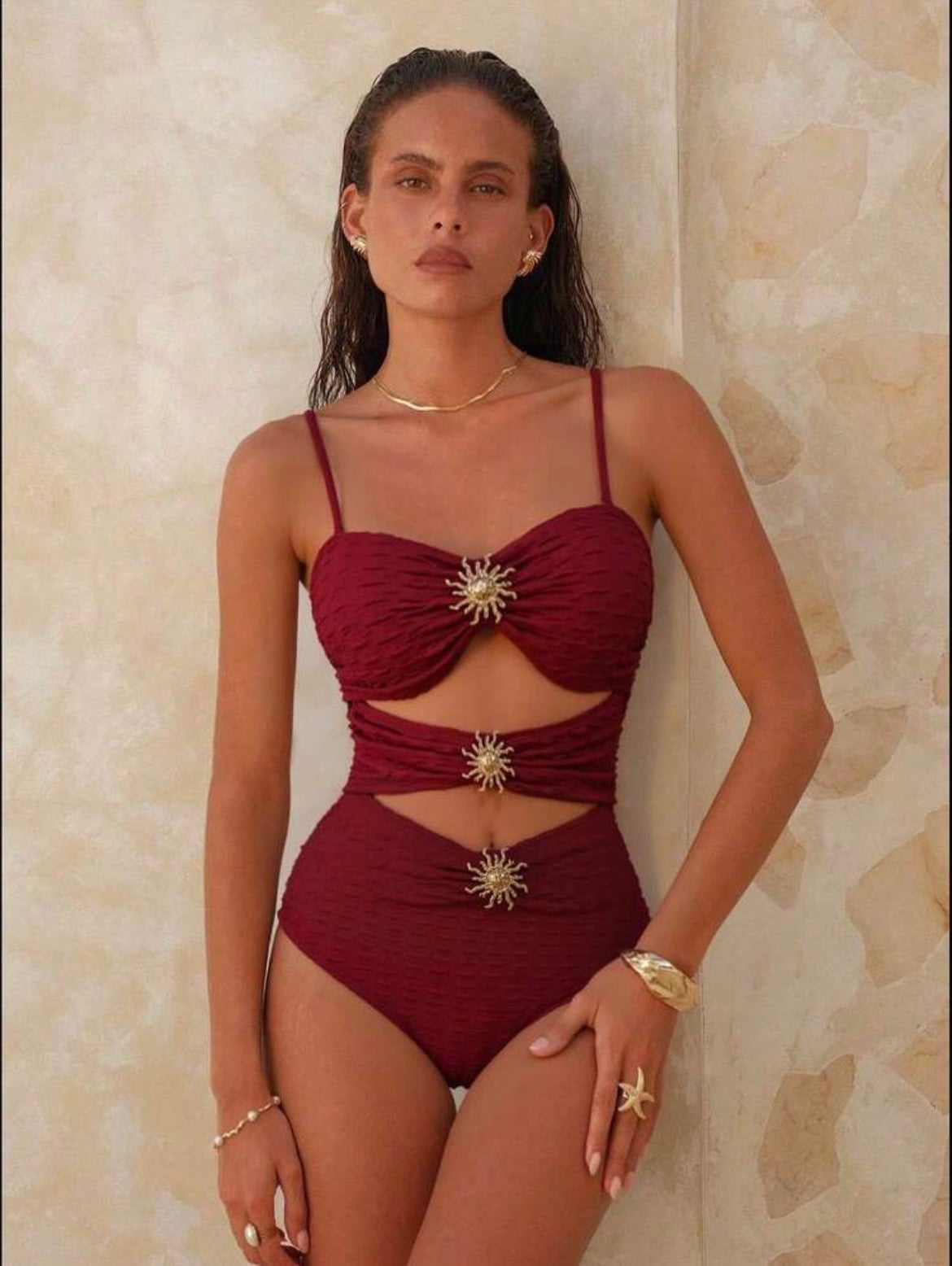 Women's Solid Color Metal 3D Decorative Sexy Hollow Out One-Piece Swimsuit