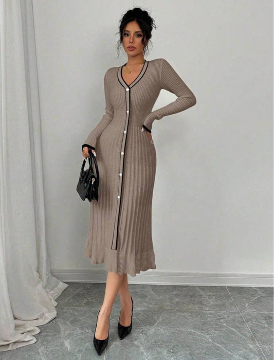 Mocha Pleated Knit Midi Dress