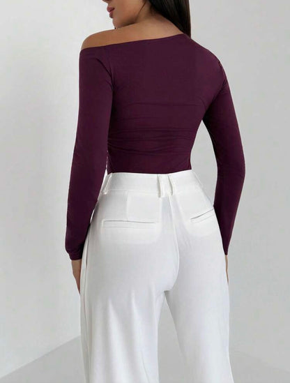 Purple Asymmetric Metallic Decor Shoulder Fitted T-Shirt