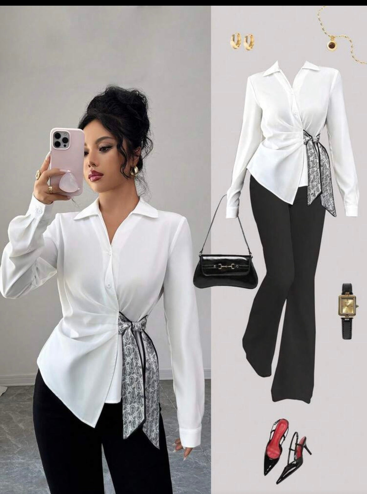 Women Paisley Pattern Knot Side Long Sleeve Asymmetrical Blouse