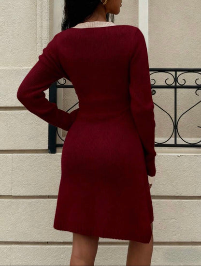 Burgundy Button-Front Knit Dress