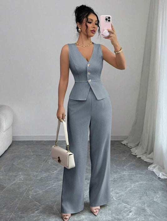 The Slate Peplum Vest & Wide-Leg Trouser Set