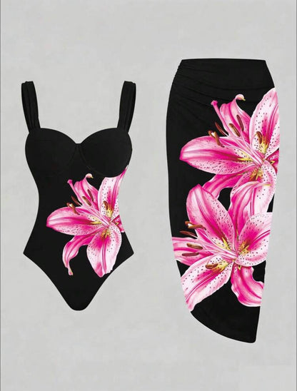 Swim Oasis Women's Floral Print Spaghetti Strap One-Piece Swimsuit With Skirt
