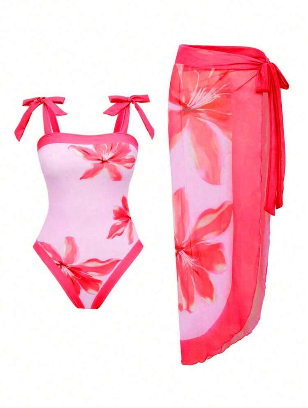 Swim 2pcs/Set Women Minimalist Random Floral Print Spaghetti Strap Bow Tie One-Piece Swimsuit & Tie Front Beach Skirt Summer Swimsuit