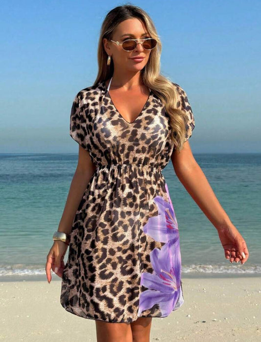 Women Leopard & Floral Print Short Sleeve Loose Dress