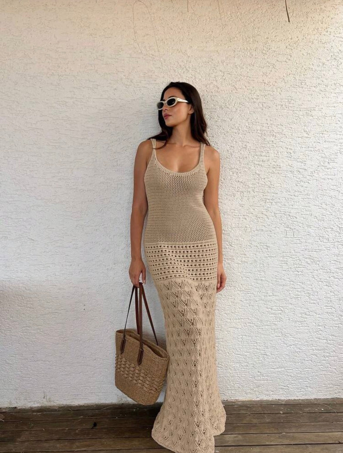 Women's Casual Hollow Out Sleeveless Knit Tank Dress V-Neck Cover Up Dress