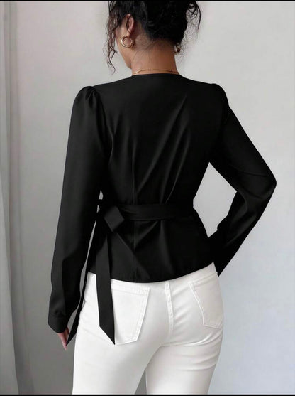 Elegant V-Neck Digital Printed Geometric Line Pattern Long Sleeve Tie Bow Blouse