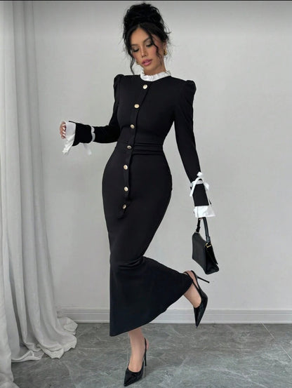 Ruffle Stand Collar Flared Sleeve Dress