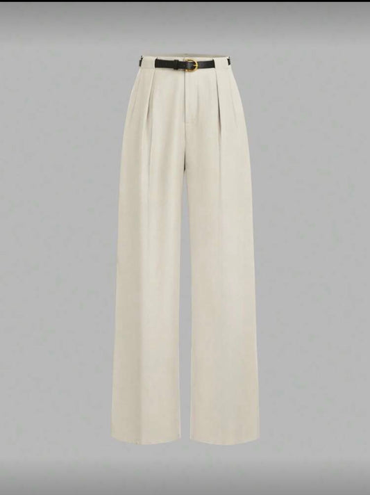 Women's Solid Color Fashion Pleated Straight Leg Casual Pants Beige