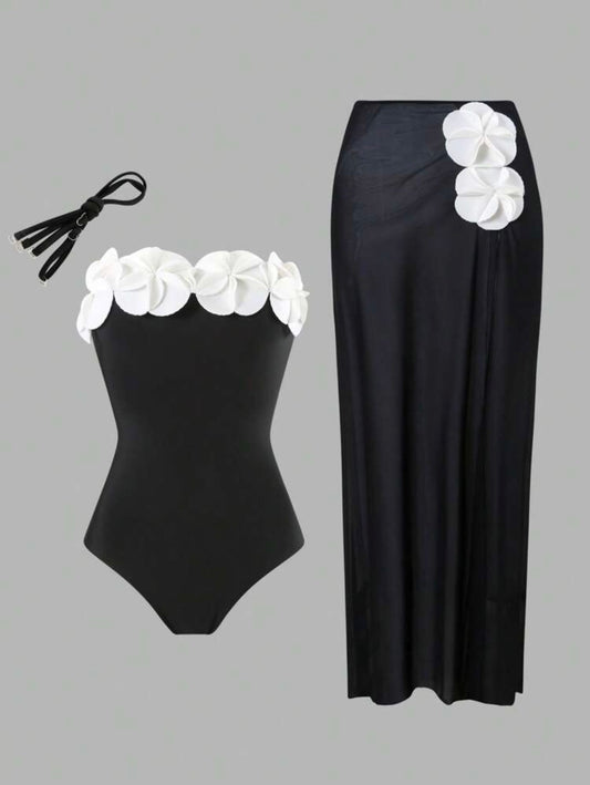 Bonvoyette Beach Summer Outfits For Women, Spaghetti Strap Black Bandeau Floral Decor One-Piece Swimsuit & Mesh Skirt 2 Pieces Set