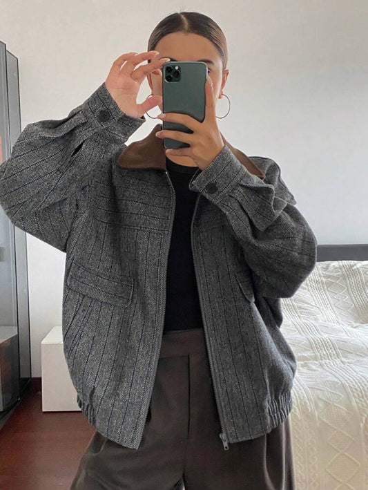 Oversized herringbone jacket with contrast collar detail