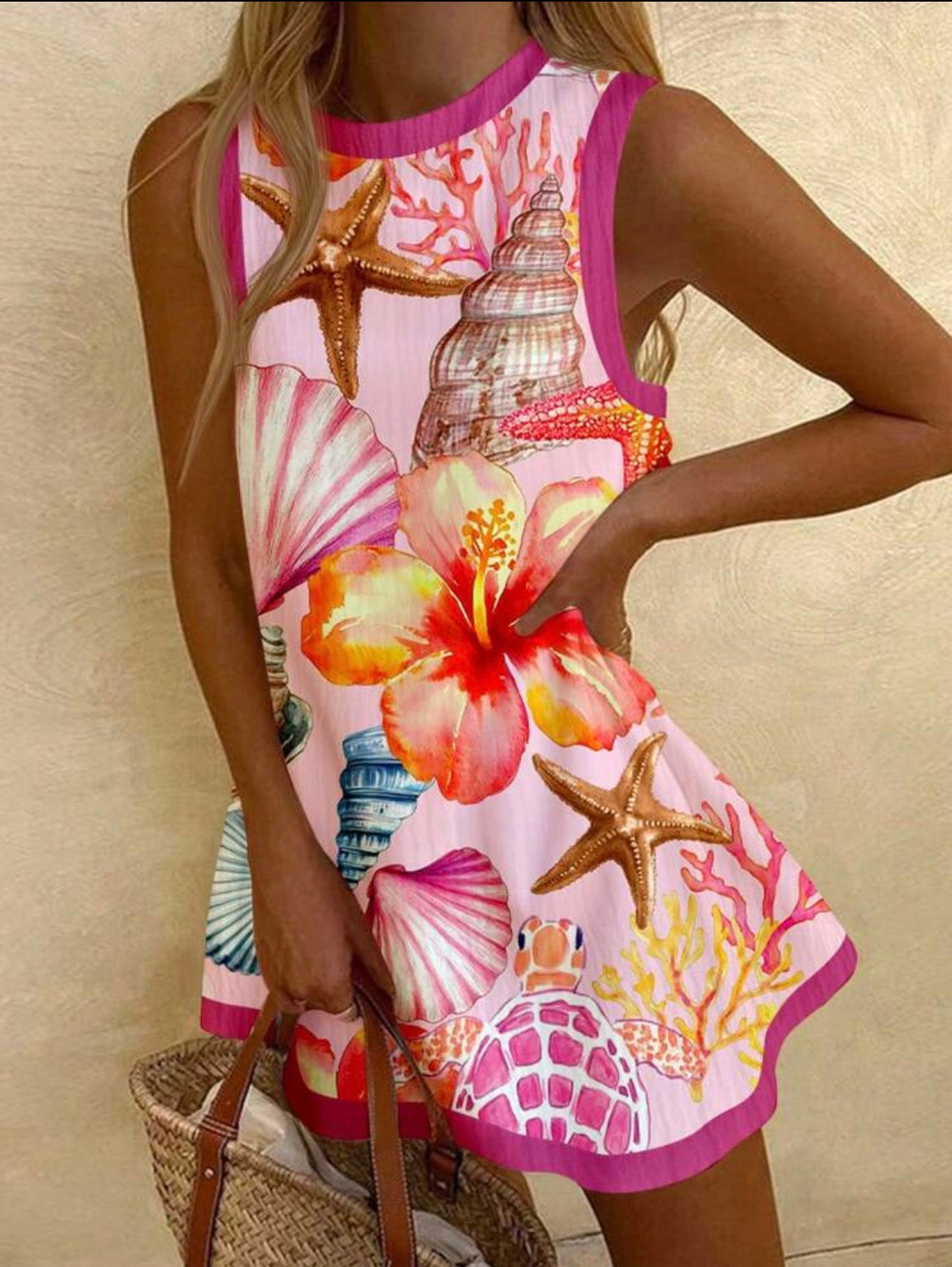 Pink Summer Tropical Print Sleeveless Crew Neck Mini Dress