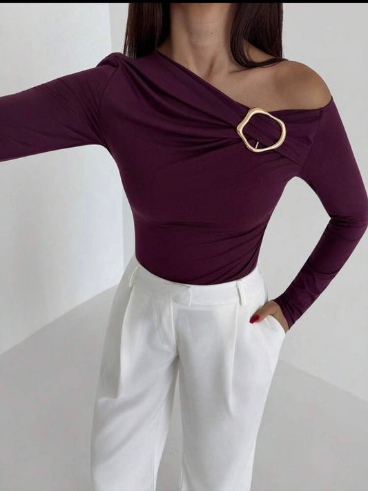 Purple Asymmetric Metallic Decor Shoulder Fitted T-Shirt