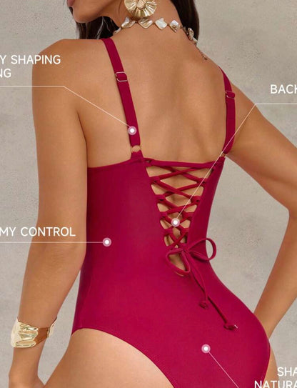 Shapewave Women's One-Piece Deep Purple Burgundy Back Drawstring Swimsuit