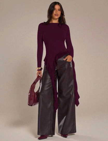 Women Solid Color Asymmetric Ruffle Hem Long Sleeve Fitted Top