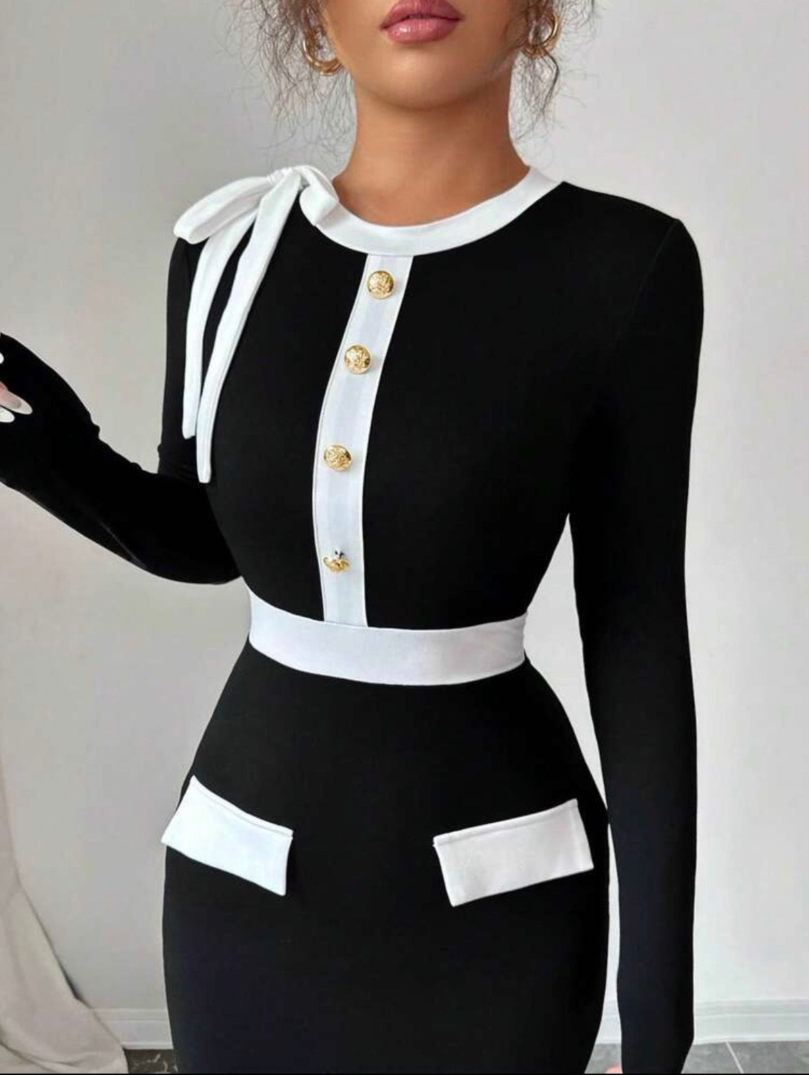 Women's Contrast Color Long Sleeve Dress