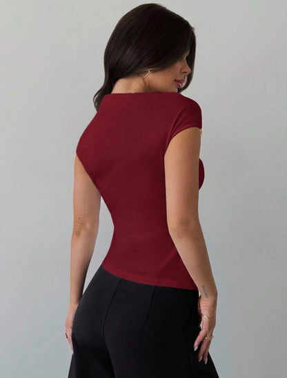 Shoulder Wrap Ruched Waist Tight Fit T-Shirt With Metal Decor