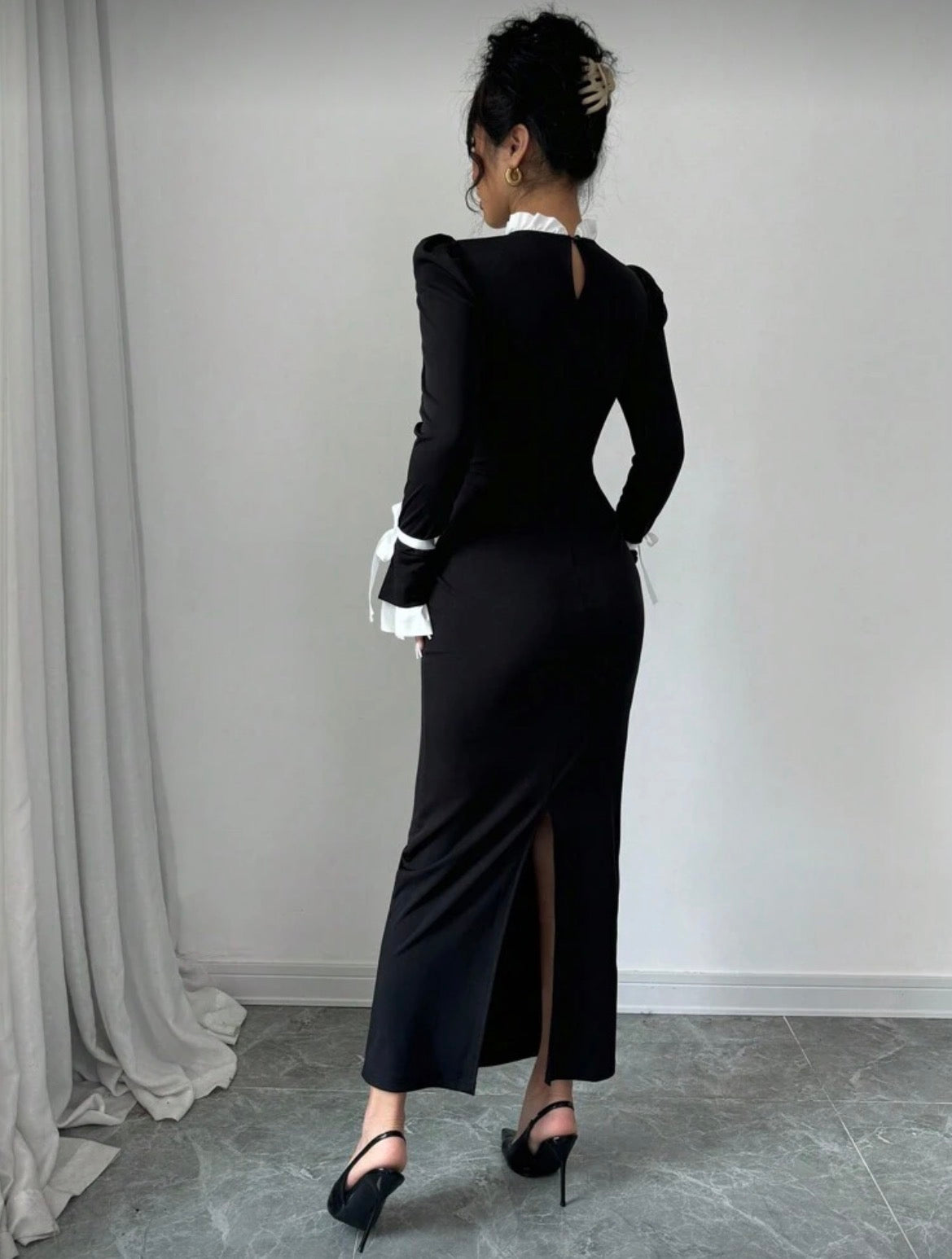 Ruffle Stand Collar Flared Sleeve Dress